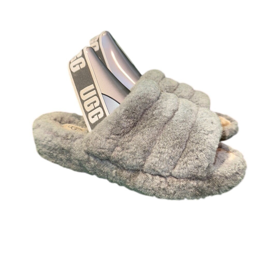 UGG Fluff Yeah Charcoal Gray Sheepskin Slingback Slipper Sandals Womens 1095119